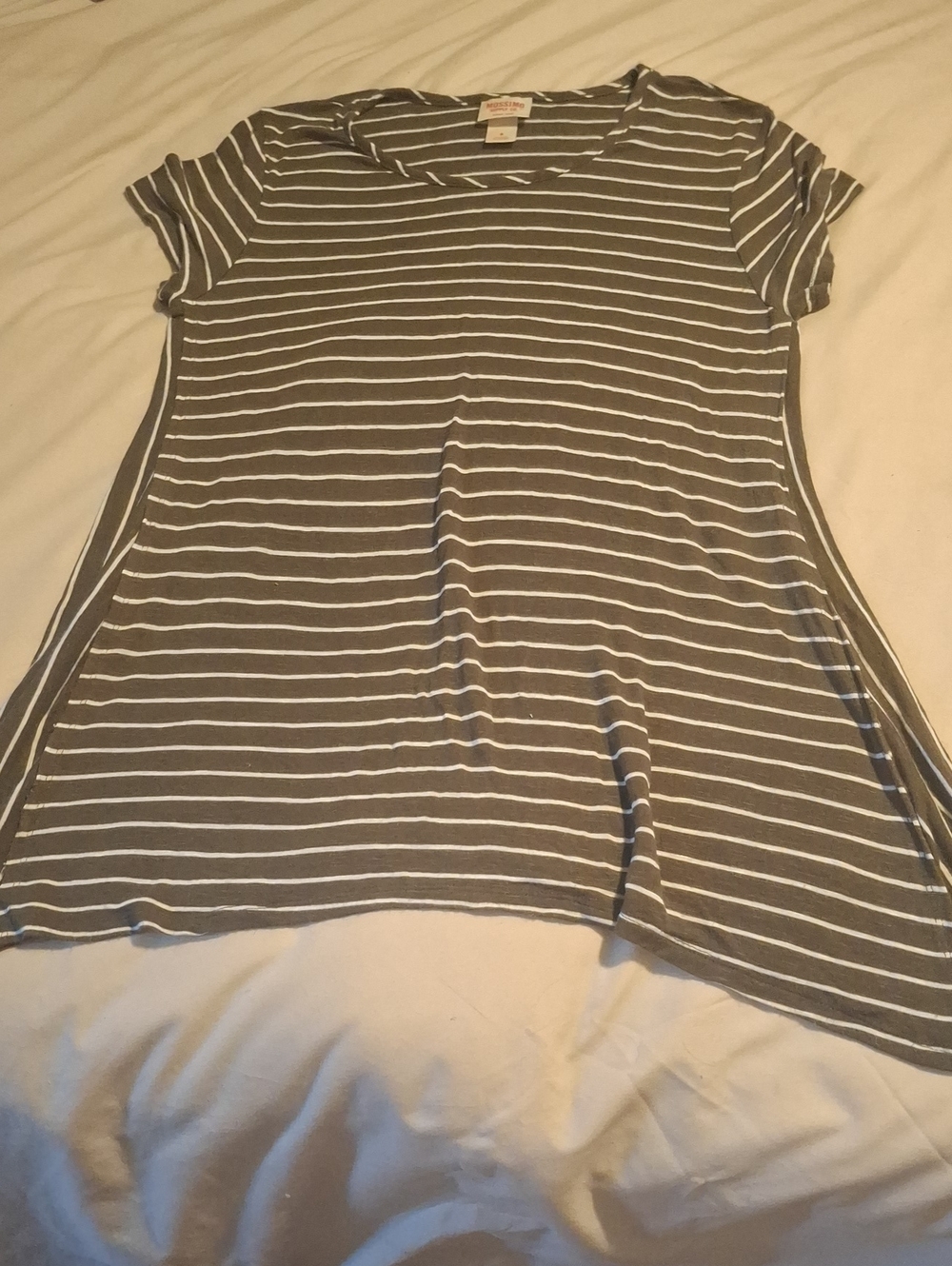 Mossimo Olive Green And White Striped Hankerchief Hem Tee
